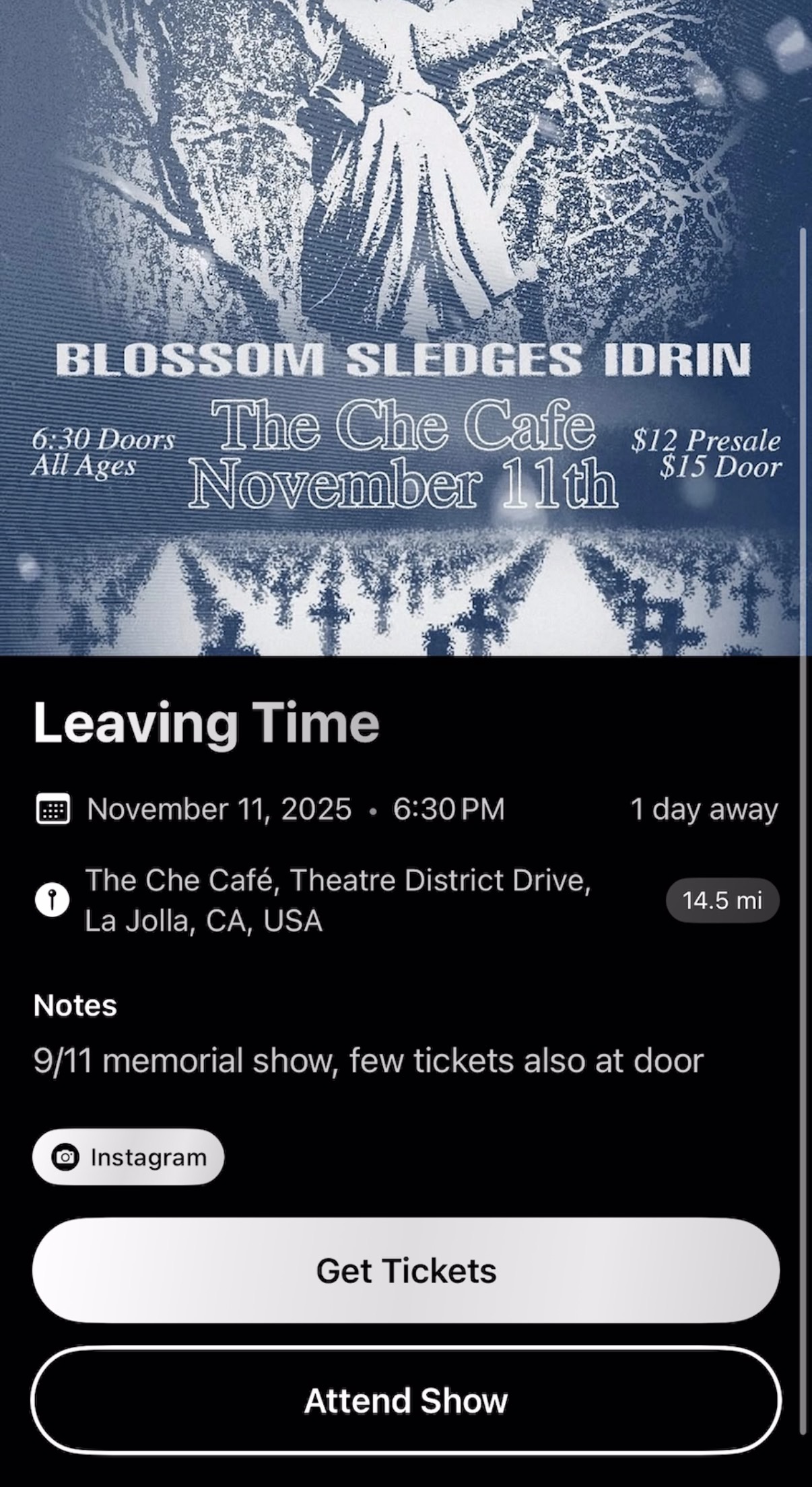 BandHouse event context view showing show details.